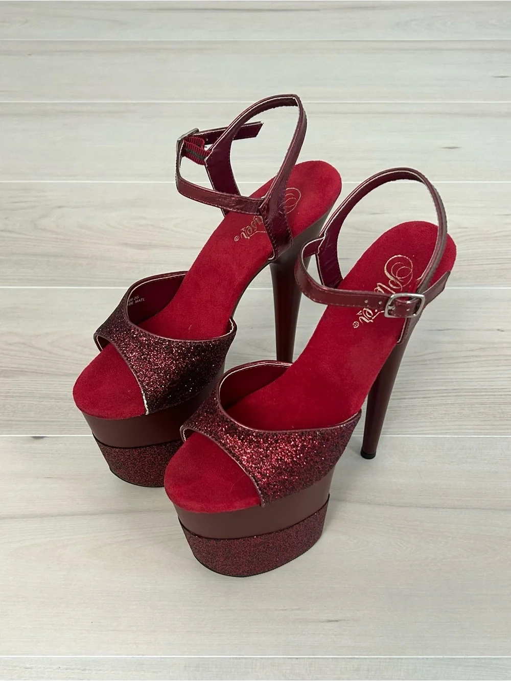 red glitter flamingo pleaser heels